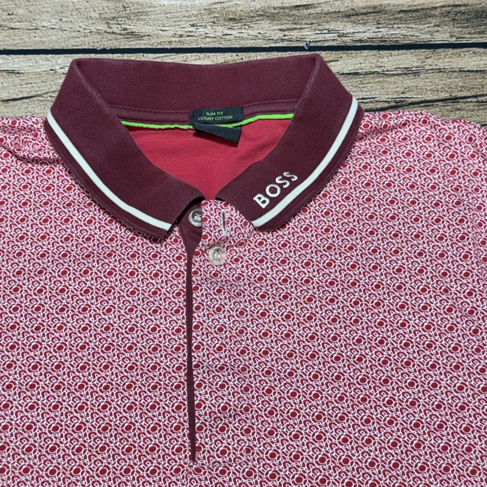 Hugo Boss Polo Shirt Mens XXL Burgundy Geometric Slim Fit Luxury Cotton Paule 6